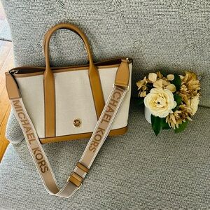 Michael Kors Luisa Pale Peanut MD Satchel - Canvas